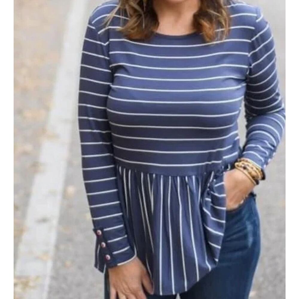 Matilda Jane Navy Stripe Peplum Button Sleeve Top – L (NWOT) 29670T